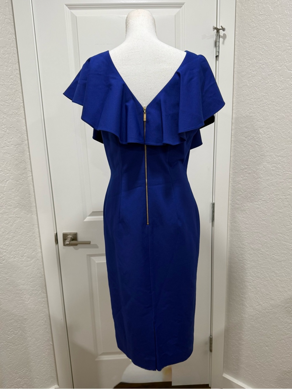 ANTONIO MELANI Cobalt Ruffle-Sleeve Midi Sheath Dress Size 8 - Picture 4 of 8
